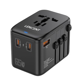 LENCENT International Travel Adapter, GaN III 65 W Universal Travel Plug with 1 USB-A & 3 USB-C PD Quick Charge, Socket Adapter for Type A/C/G/I (USA/UK/EU/AUS) Socket, Black