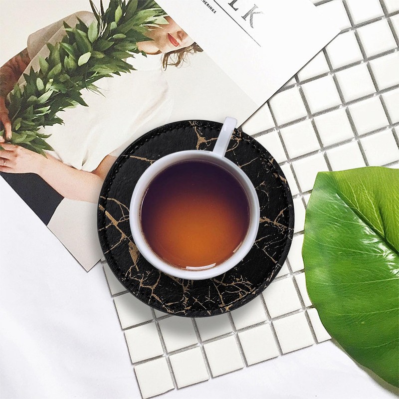 Black Marble Pattern Coasters for Drinks,Round PU Leather Coaster with