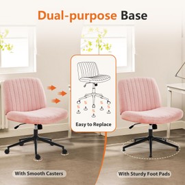 GlasFlength Criss Cross Chair Armless Computer Task Chair, Wide Comfty Swivel Fabric Height Adjustable Vanity Chair w/Replaceable Wheels/Fixed Base/Padded, Teddy Velvet Pink