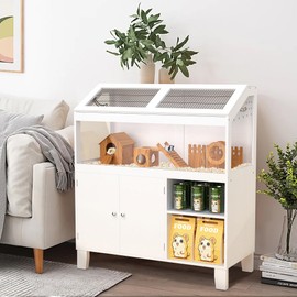 Hamster Cage, Large Hamster Cage with Storage Cabinet, Gerbil Cage and Habitat with Easy View Acrylic Panel, Wood Small Animal Cage for Hamsters, Guinea Pig, Rabbit, Hedgehog, White