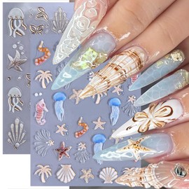 2 Sheets Summer Nail Stickers for Nail Art Embossed Jellyfish Seahorse Starfish Nail Art Stickers 5D Coconut Tree Jellyfish Seashell Nail Decals Self-Adhesive Marine Life Nail Decoration for Women