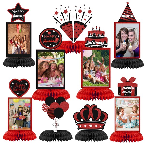 WINPOGEE 9Pcs Black Red Birthday Decorations Honeycomb Centerpieces Red Theme