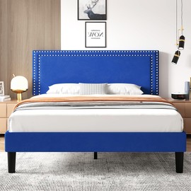 VECELO Bed Frame Full Size with Adjustable Upholstered Headboard, Wooden Slats Platform, Noise-Free Design, Easy Assembly