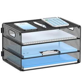 DALTACK Bandeja organizadora de papel de 3 niveles con asa, organizador de archivos de escritorio de malla, bandeja de papel organizador de escritorio