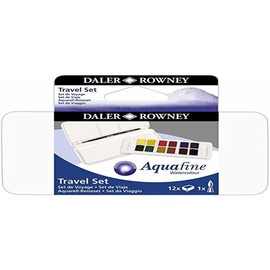Daler-Rowney Aquafine Watercolour Paint, Plastic Set, Half Pan - Half Pan, Travel Set, 12 Assorted Colours + 1 Aquafine Watercolour Brush