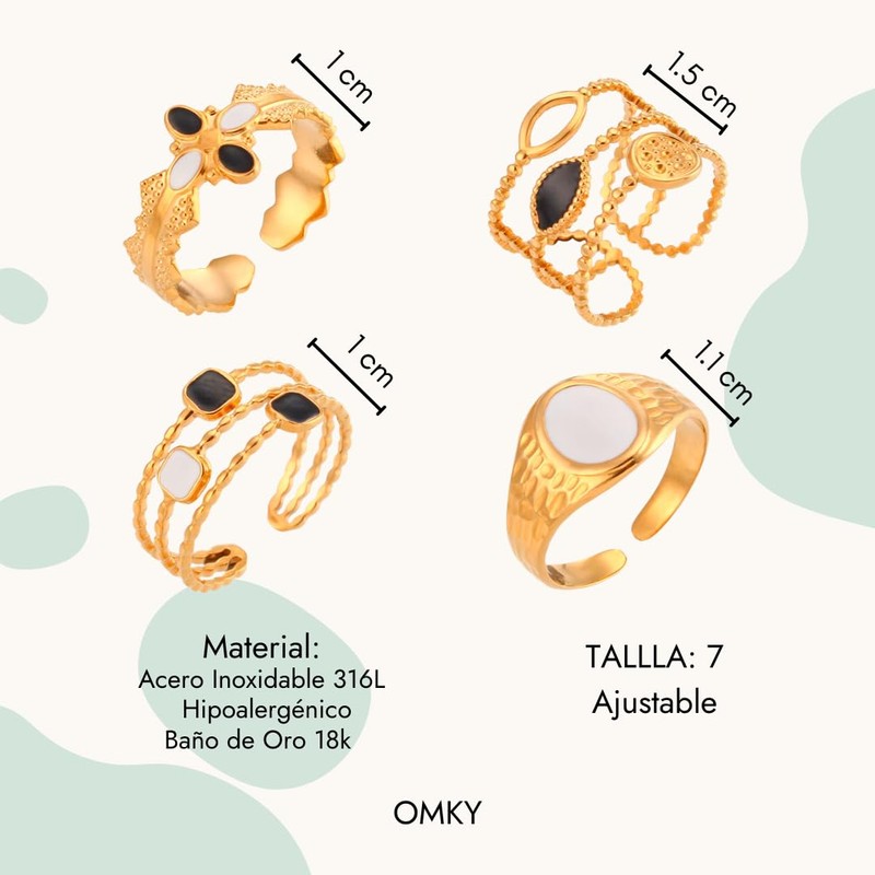 Set Anillos 4 piezas Ajustables, Acero Inoxidable con Baño de