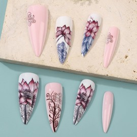 Flower Press on Nails Long Tip Stiletto Heel Fake Nails Flower Lotus Pink White Full Cover Stick Nails Retro Floral Full Cover Artificial Nails Glossy Spring Summer Glue on Nails for Women Manicure