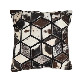 SARO LIFESTYLE Diamond Patchwork Hair-On Leather Down Filled Pillow, 16"x16", Black/White