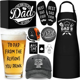 NVTROVI 10 PCS Dad Gifts from Daughter Son Wife with 16 Oz Beer Glass Coaster Apron Baseball Cap Socks Tape Measure, Best Dad Ever Gift for Birthday Father's Day Christmas Anniversary Retirement