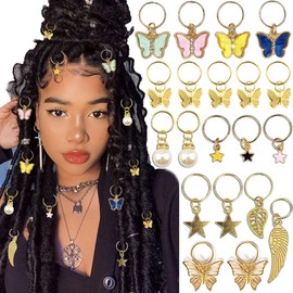 NAISKA 20Pcs Gold Butterfly Braid Clips Dreadlock Accessories Colorful Hair Pendant Charms Pearl Star Braid Beads Clips Cuffs Rings Crystal Rhinestone Hair Jewelry for Women