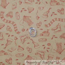Connecting Threads BonEful Fabric FQ Cotton Quilt Tan Red Knit Yarn Hat Sweater Ice Skate Xmas VTG