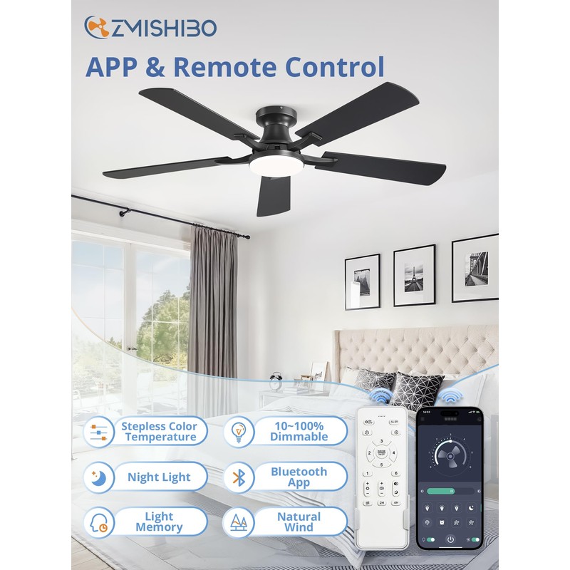 ZMISHIBO 52 Inch Ceiling Fan with Light, App&Remote Control, Flush