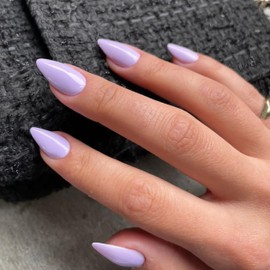 Lilac Press on Nails Almond Shaped 48Pcs Neutral Thick Fake Nails for Women Medium Almond Nails Press on Reusable Acrylic Nails Glue on Medium Length Stiletto False Nails Gel Artificial Nails Lavender