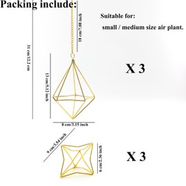 libproqia Air Plant Hangers with Chains, 6 Pcs Gold Tillandsia Holders for Wall/Ceiling Decor, 3 Hangers + 3 Stands Set, Boho Indoor Home Office Display, Modern Air Fern Plant Décor