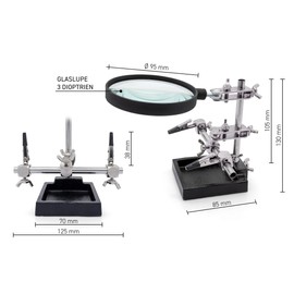 GALLUNOPTIMAL 3. Hand with glass magnifier 3 dioptres, heavy professional design with tripod and insulated clamps
