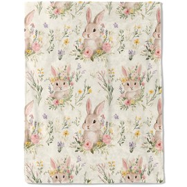 ainori Cute Bunny Fleece Blanket - Lightweight Soft Cozy Gifts Throw for Animal Lovers, Kids,Women,Rabbit Floral Cream Blankets,Home Room Modern Farmhouse Boho Decor 50x60in