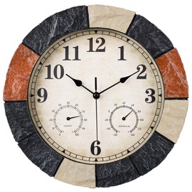 JoFomp 13 Inch Resin Faux-Stone Outdoor Clocks Waterproof with Thermometer and Hygrometer Combo, Large Outdoor Clocks for Patio, Outdoor Wall Clocks Battery Operated, Outside Clock for Pool/Home