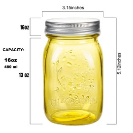 Amzcku 16 oz Colored Mason Jars with Lids，Regular Mouth Canning Jar, 6 Pack Multifunction Glass Container, for Storage, Canning, Pickling, Preserving, Fermenting, DIY Crafts & Decor