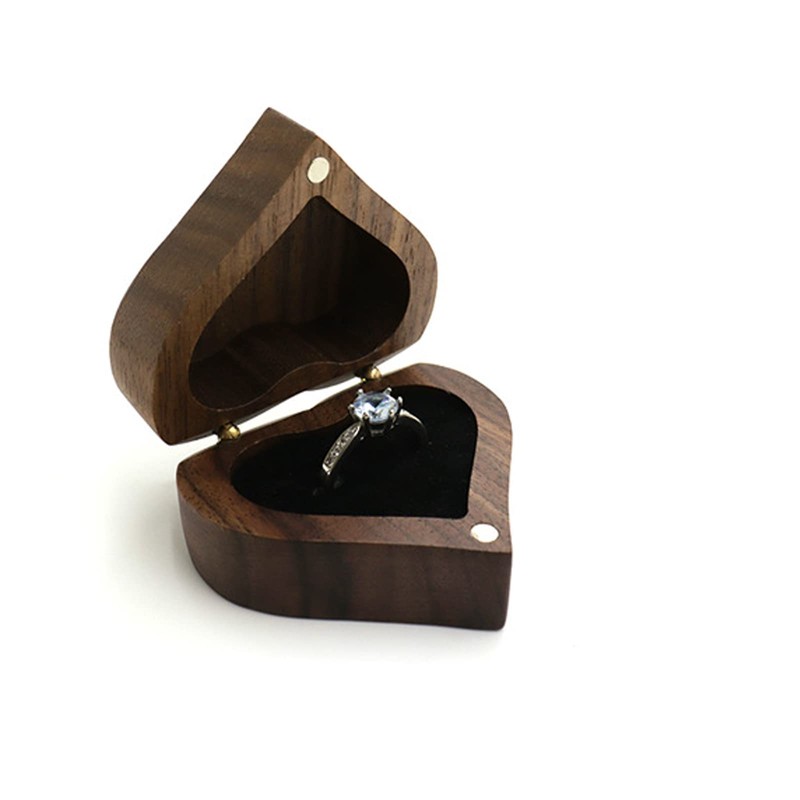 Tighall Black Walnut Wood Portable Proposal Ring Box, Heart Shaped