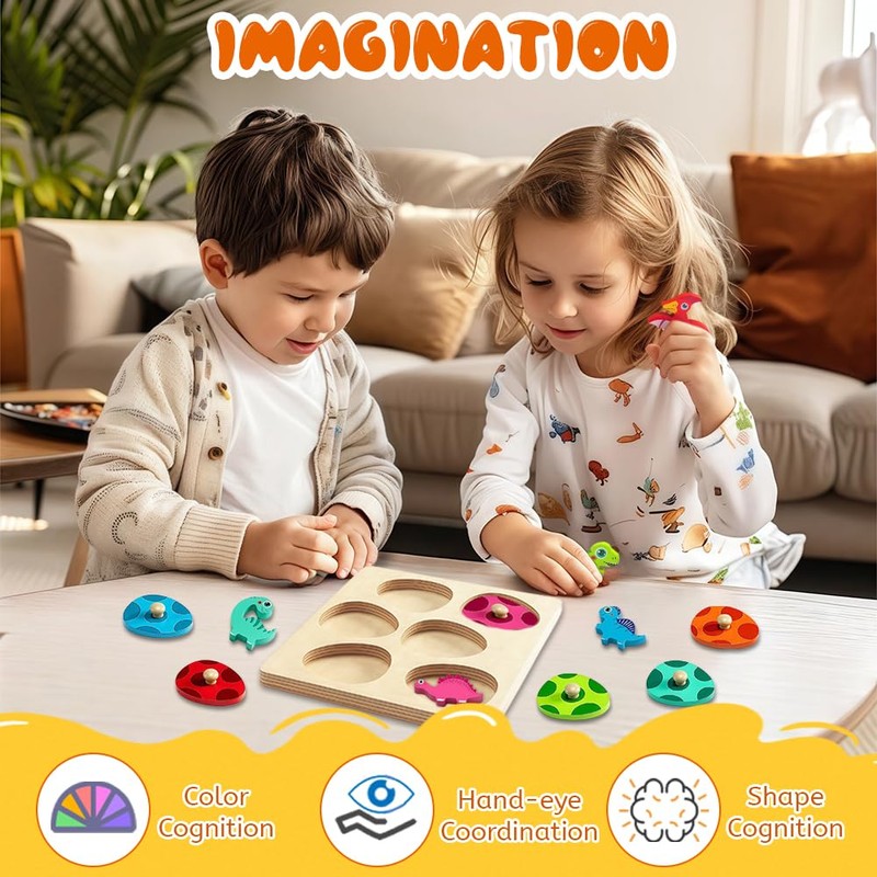 AMFUN Animal Peg Puzzles Wooden Toys, Wooden Dinosaur Puzzle Toys,