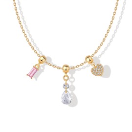 PAVOI 14K Yellow Gold Plated Cubic Zirconia Whimsical Charm Necklace for Women | Cute Dainty Necklace Charms | Heart Baguette CZ Charms