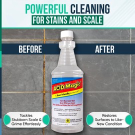 Extra Mile at Home Acid Magic 32 oz Cleaner Bundle with Durable Gloves, and Grout Brush for Tile, Pools, Concrete-Made in the USA
