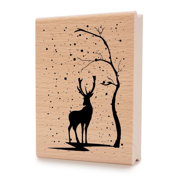 Newstamps Stamps Stag in Snow Motif Stamp Large Wooden & Rubber for Cards and Gifts Crafts, Wooden Stamp for Christmas, Christmas Card, Advent, Scrapbook, Textile Stamp, Decoration, Children