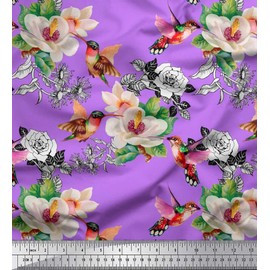 Soimoi Purple Moss Georgette Fabric Hummingbird,Leaves & Magnolia Floral Printed Craft Fabric by the metre 42 Inch Wide