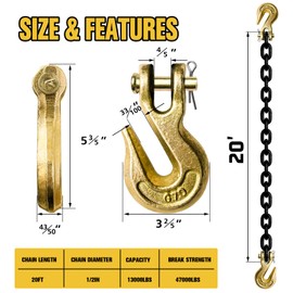 1/2" Tow Chain 20FT, Transport Safety Chain with G70 Hooks,12,000 Lbs Safe Working Load Capacity, Heavy Duty Chains for Lifting Transporting Logging