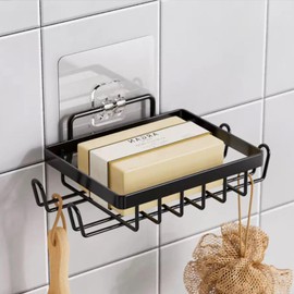 Soap Dish Holder, No Drilling Soap Bar Holder, Adhesive 304 Rustproof Stainless Steel Bar Soap Holder, Wall Mounted Soap Dish for Shower, Bathroom Kitchen Sponge Holder (1, Black 2)