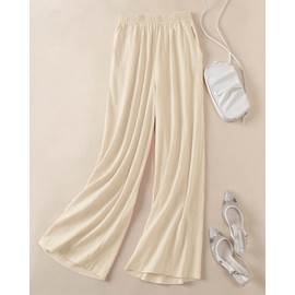Hisanny Womens Plus Size Linen Pants Wide Leg Palazzo Trousers High Elastic Waist Flowy Culottes with Pockets Beige XX-Large