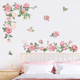 decalmile Watercolor Pink Floral Wall Decals Rose Flower Wall Stickers Girls Room Living Room Bedroom Wall Decor