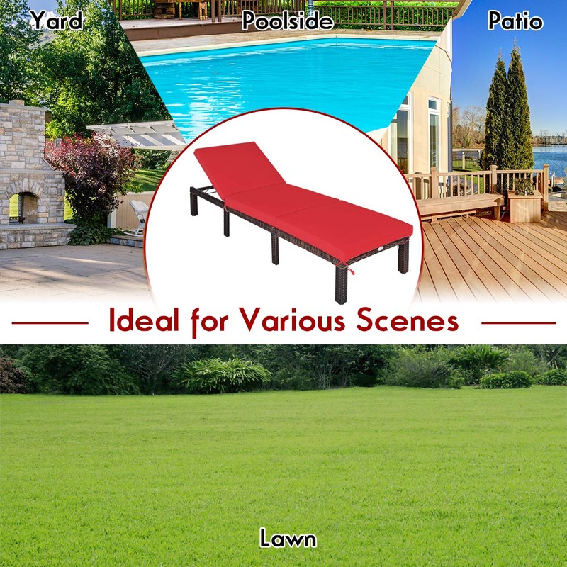 COSTWAY Patio Rattan Lounge Chair, 6-Gear Adjustable Chasie Lounge, Outdoor