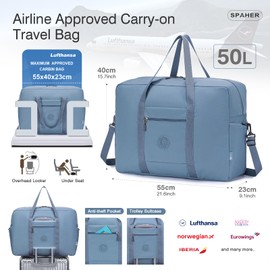SPAHER Lufthansa Wizzair Eurowings Travel Bag Hand Luggage Bag 55 x 40 x 23 cm Lightweight Travel Bag Large Foldable 50L Waterproof Bag Aeroplane Travel Duffle Bag Cabin Bag Weekender Women Men, blue