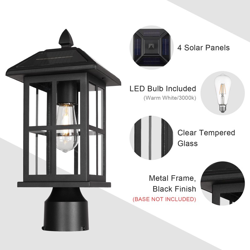 Diyel Solar Outdoor Post Light Fixture, Dusk to Dawn Exterior