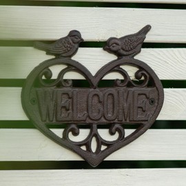 Woodside Cast Iron Heart Shape Wall Mounted Welcome Sign for Garden & Home, Decorative Bird Design, Indoor/Outdoor
