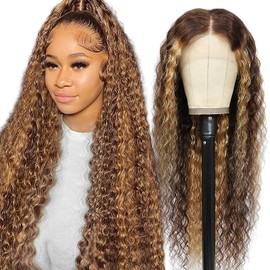 Aimking 13x6 Highlight Ombre Lace Front Wig Human Hair Wigs For Women 180% Density 4/27 HD Deep Wave Lace Frontal Wigs Curly Honey Blonde Wig Human Hair Pre Plucked With Baby Hair Colored 28 Inch