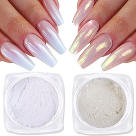 2 Boxes of Pearl Chrome Nail Powder Glazed Gold White Pearl Chrome Nails Powder, High Gloss Glitter Nail Art Ice Aurora Dust Nail Powder for Manicure Decorations