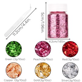 AIEX 6 Bottles Gold Foil Flakes with 3 Tweezers, Metal Imitation Gold Plating Flakes for Nail Art, Resin Art, Painting, Crafts (6 Colors, 3g for Each Colour)