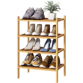 kiplant Small Shoe Rack, 4-Tier Bamboo Wood Shoe Rack for Entryway, Stackable Shoe Organizer for Hallway Closet, Free Standing Shoe Racks for Indoor & Outdoor