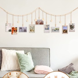 Hanging Photo Display, Boho Photo Display with Wooden Clips and Beads DIY Picture Frames Collage Wall Decor for Home, Office, Bedroom, Nursery Room.