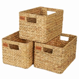 Bobovie Bobovie Large Wicker Storage Baskets, Set of 3, Water Hyacinth Basket Organizer, 14.2x10.2x8.7H Inches -Great Storage Solution for Shelf and Pantry Storage