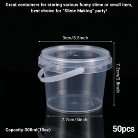 50 PCS 10 oz Slime Containers with Lids and Handles, Plastic 300ml Storage Bucket Containers, Clear Slime Storage Case for Slime DIY Art Craft, Pigment, Small Tools, Part Material