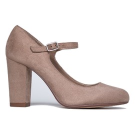 J. Adams - Zapatos de tacón alto para mujer con punta redonda y tacón alto Mary Jane, Gamuza vegana gris pardo claro, 8 US