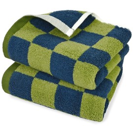 Jacquotha Checkered Kitchen Hand Towels Set of 2 (Green and Navy), Soft Cotton Terry Cloths for Drying Hands & Decorative Use, Rustic Farmhouse Kitchen Decor, 13” x 28”