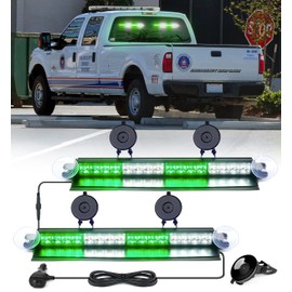 Xprite 32 LED Dual Strobe Lightbar White Green Windshield Dash Warning Caution Responding Flashing Lights Bar w/Suction Cups, for Emergency Law Enforcement Construction Traffic Vehicles EMS Trucks