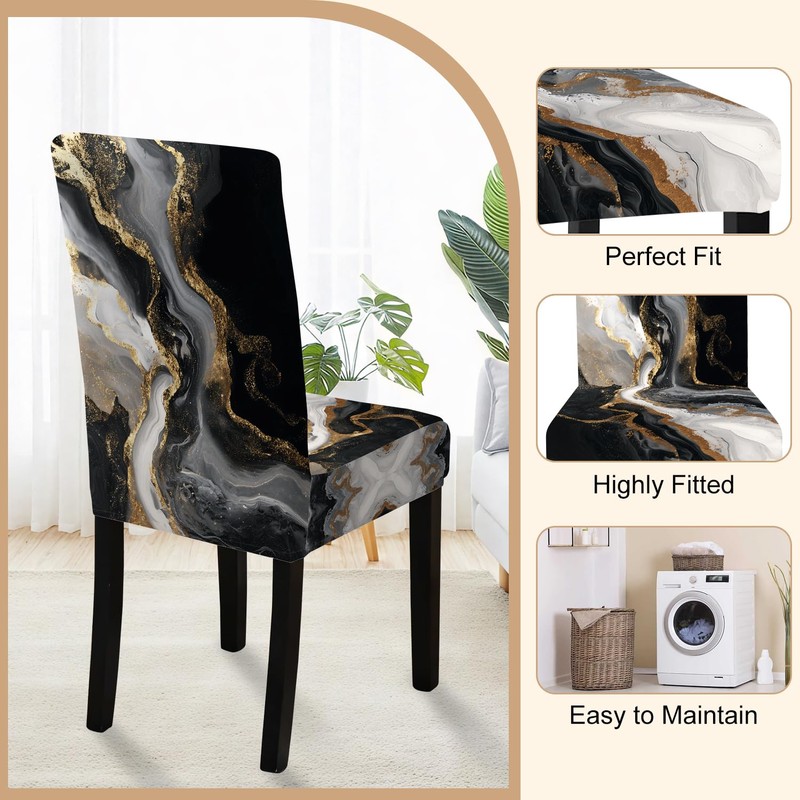 FOREVER QUEEN Black Gold Marble Chair Covers Set of 6,