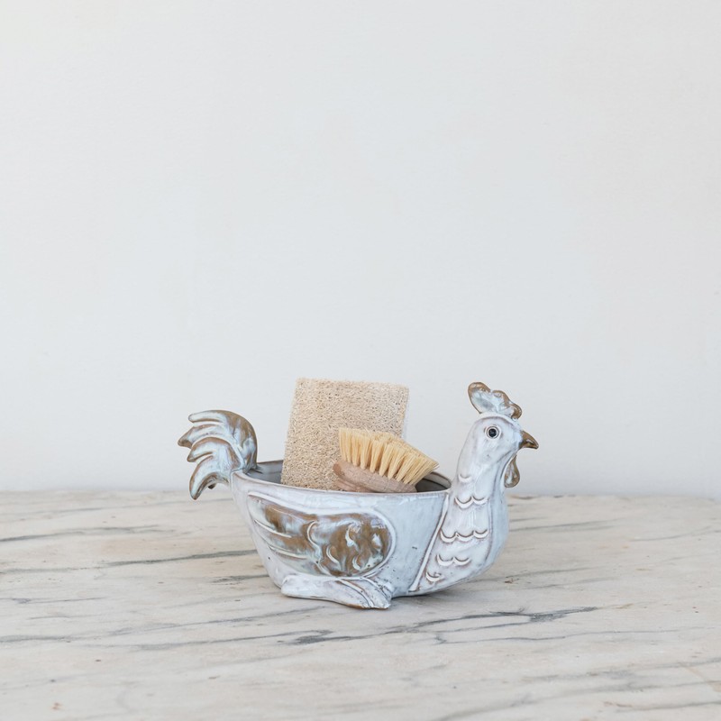 Creative Co-Op Stoneware Chicken Shaped Sponge Holder/Soap Dish with Reactive