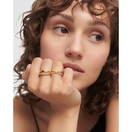 Aobei Pearl 18K Gold Criss Cross Rings for Women Adjustable X Ring Chunky Wide Open Ring Stackable Band Crossover Finger Jewelry