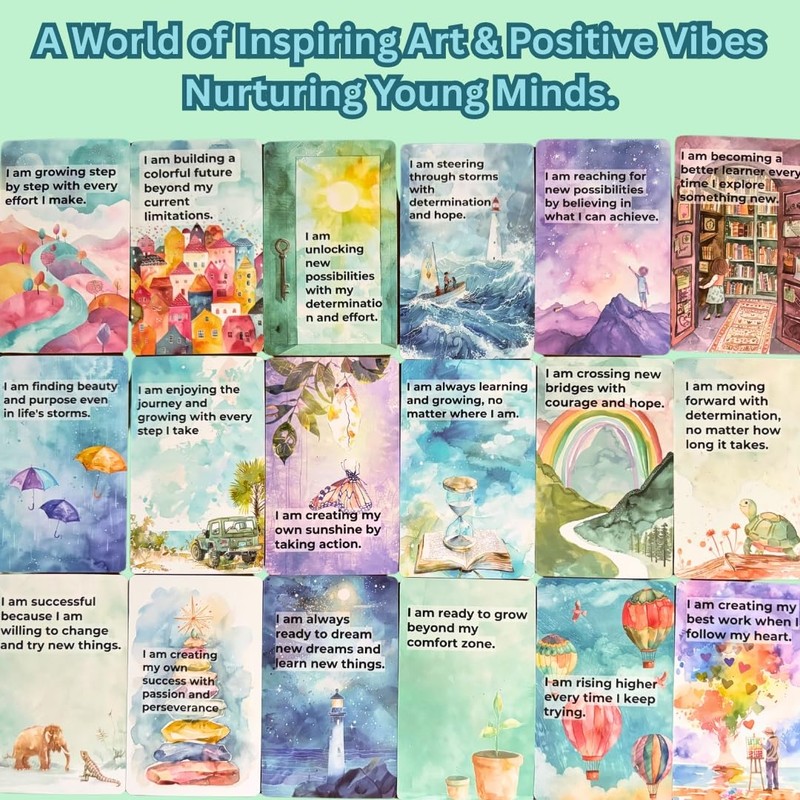 UHillMinerva Growth Mindset Affirmation Cards, 52 Watercolor Illustrated with Fixed